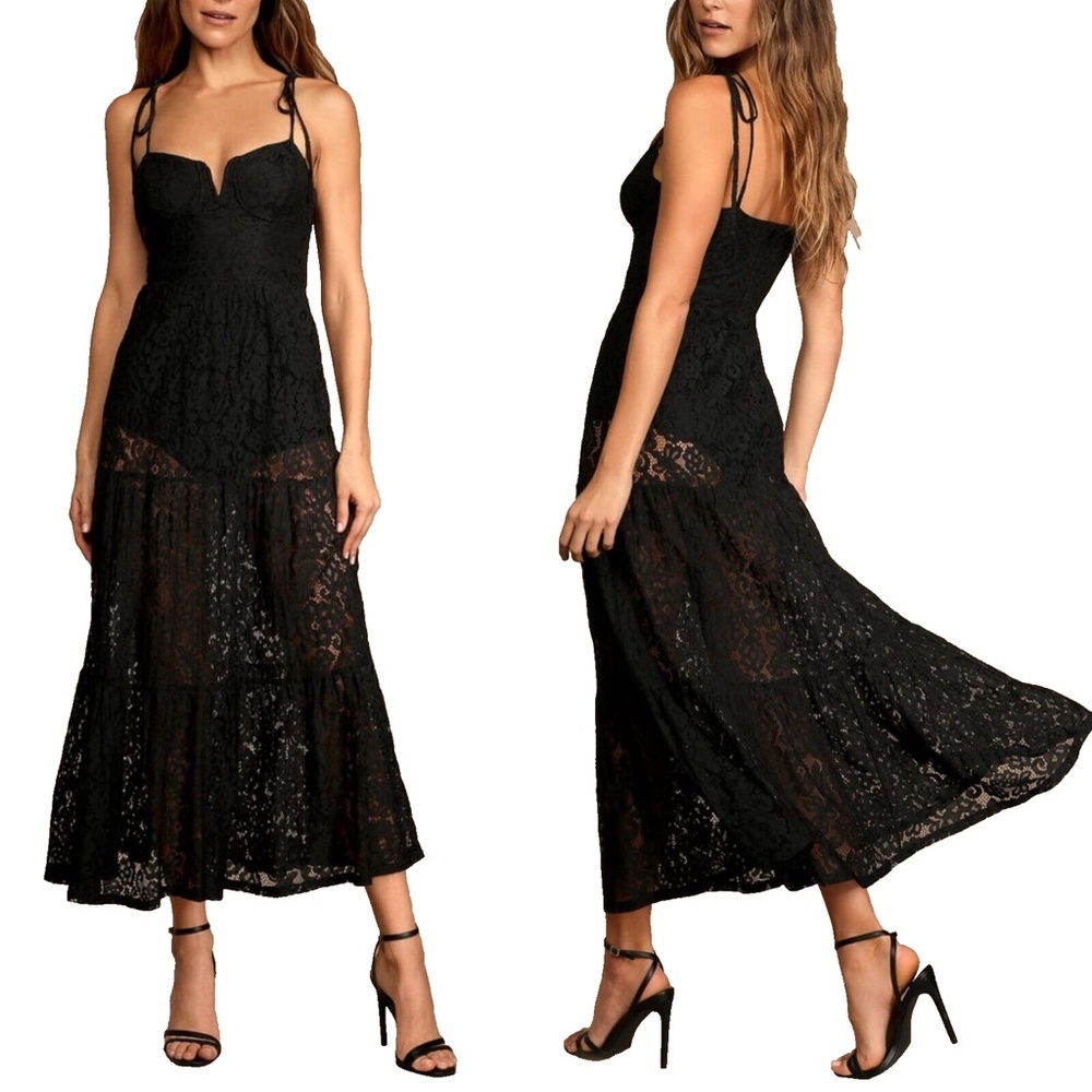 NEW LULUS Extra Alluring BLACK Lace TIERED Tie-Strap BODYSUIT Maxi DRESS XS